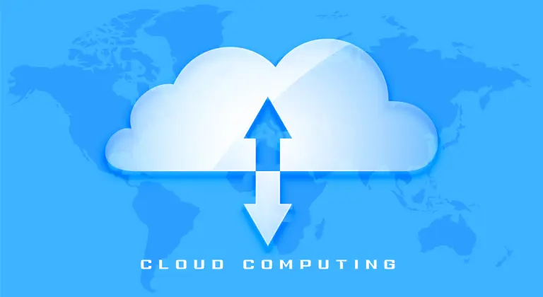 Illustration that shows one software development stream for digital products, with a cloud shape with two arrows symbolizing the traffic into and out of the cloud. The background is the world map.
